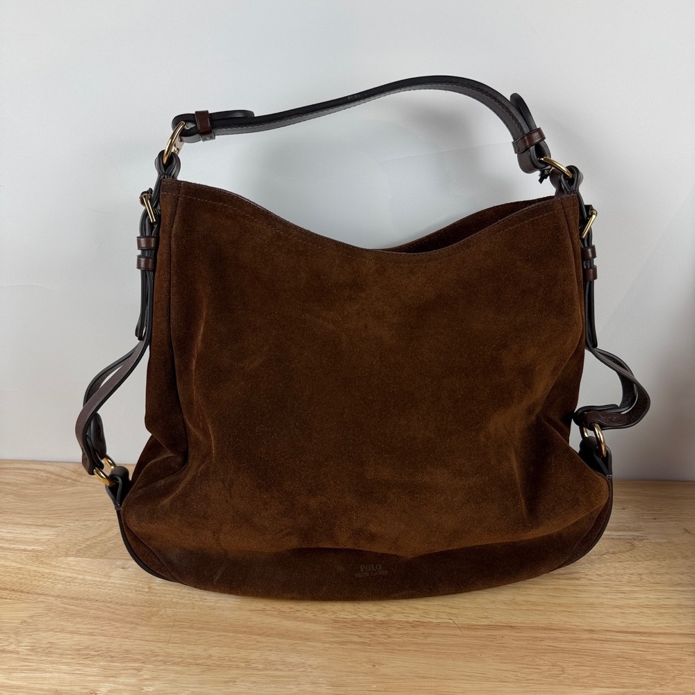Polo Ralph Lauren Polo ID Suede Shoulder Bag Womens Large Brown Leather Hobo